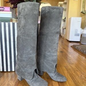 Chanel Quilted Foldover CC Suede Cap Toe Grey Boots - 39